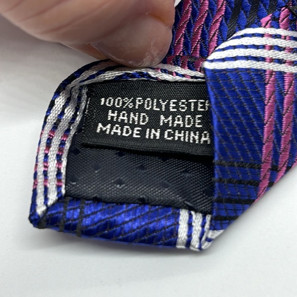 Men’s Tie Set, 3 Pieces. Royal Blue, with Pink, Black and White Plaid Design. - Picture 2 of 2